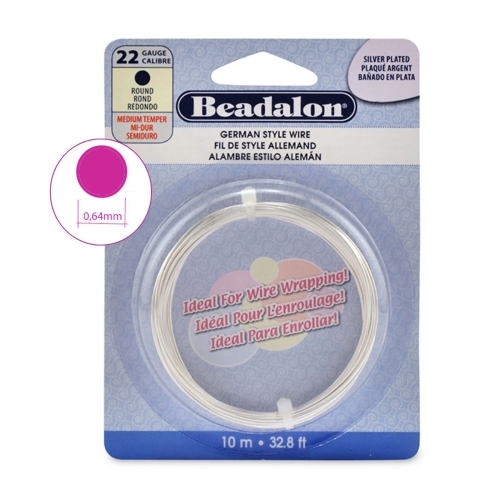 Круглая проволока, посеребренный латун, 22 ga, ø0,64мм; 10м, Beadalon 180B-022