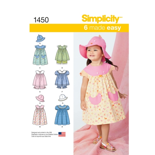 Väikelaste kleit, Topp, püksikud ja müts, suurused: A (1/2-1-2-3-4), Simplicity Pattern #1450