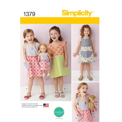 Laste kleit ja kleit 45 cm pikkuse nukule, suurused: A (3-4-5-6-7-8), Simplicity Pattern #1379