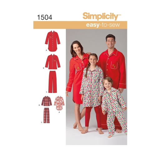 Laste, teismeliste ja täiskasvanute salongiriided, suurused: A (XS - L / XS - XL), Simplicity Pattern #1504
