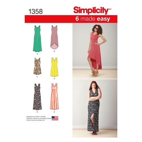 Naiste trikookleidid pikkuse ja seljajoone variatsioonidega, suurused: A (XXS-XS-S-M-L-XL-XXL), Simplicity Pattern #1358