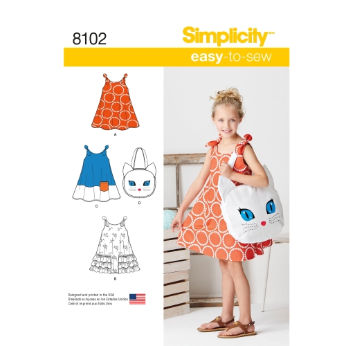 Laste Seda-on-kerge-õmmelda kleit ja kiisukott, suurused: A (3-4-5-6-7-8), Simplicity Pattern #8102
