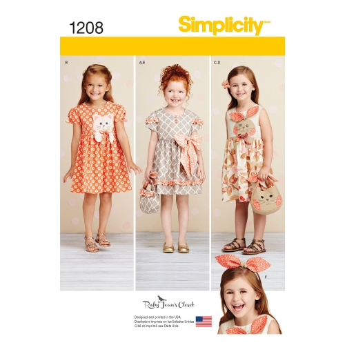 Laste kleidid, kotikesed ja juuksepael, suurused: A (3-4-5-6-7-8), Simplicity Pattern #1208