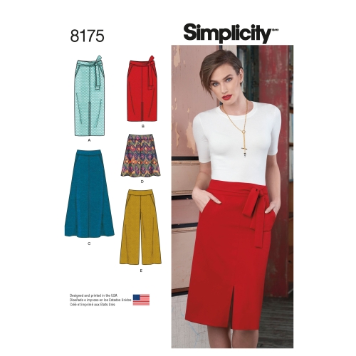 Naiste kitsad ja laienevad seelikud, kärbitud püksid, ja sõlmitav vöö, Simplicity Pattern #8175