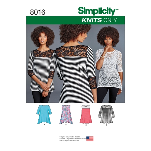 Naiste trikoo-topid pitsivariatsioonidega, suurused: A (XXS-XS-S-M-L-XL-XXL), Simplicity Pattern #8016