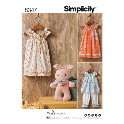 Mudilaste kleit, topp, trikoocaprid ja topitud jänkuga, suurused: A (1/2-1-2-3-4), Simplicity Pattern #8347