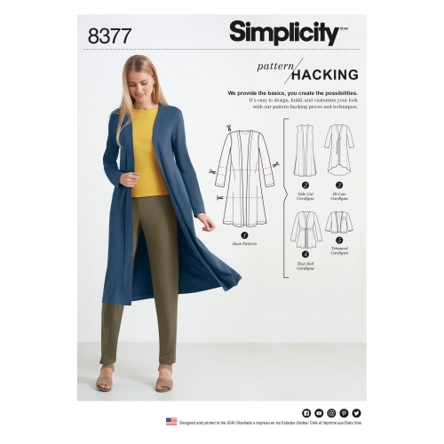 Naiste trikoo-cardigan mitmesuguste lõigetega disainihäkik, suurused: A (XXS-XS-S-M-L-XL-XXL), Simplicity Pattern #8377
