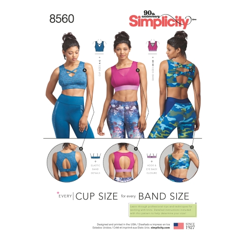 Naiste trikoo-spordirinnahoidjad, suurused: A (30A-44G), Simplicity Pattern # 8560