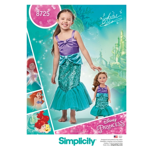 Laste ja 45cm pikkuse nuku kostüümid, suurused: A (3-4-5-6-7-8), Simplicity Pattern #8725