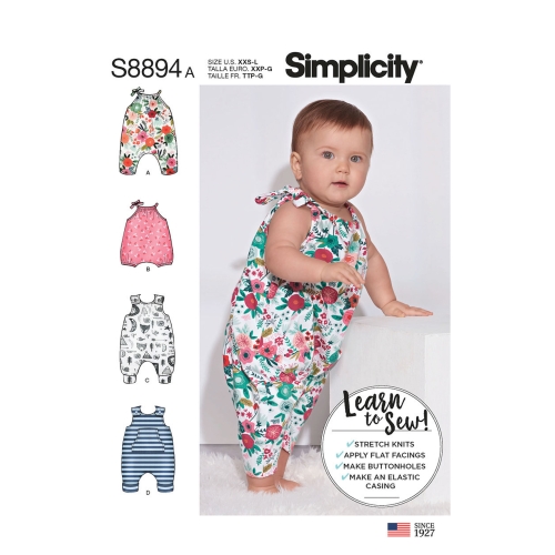 Väikelaste trikookombinesoon, suurused: A (XXS-XS-S-M-L), Simplicity Pattern #S8894