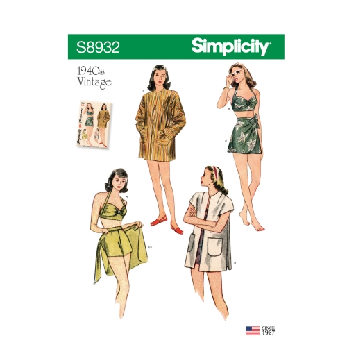 Naiste vintage bikini topp, shortsid, hõlmikseelik ja mantel, Simplicity Pattern #S8932
