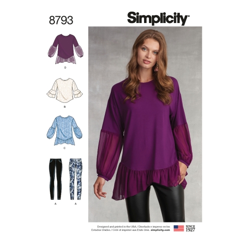 Naiste tuunika koos trikoo-retuusidega, suurused: A (XXS-XS-S-M-L-XL-XXL), Simplicity Pattern #8793