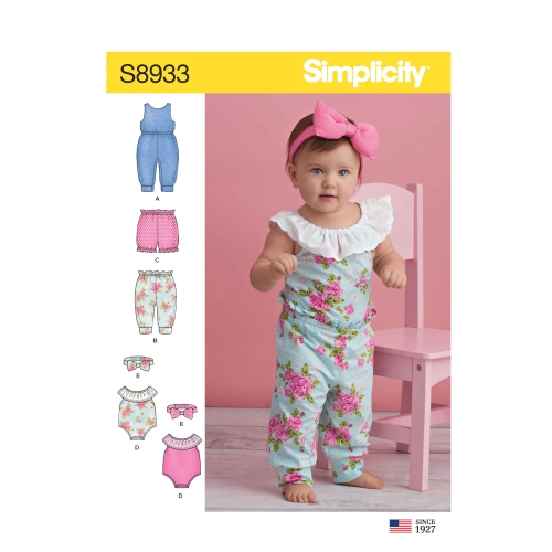 Väikelaste trikoo-kombinesoons, püksid, shortsid ja juuksepael, suurused: XXS-XS-S-M-L, Simplicity Pattern #S8933