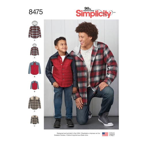 Meeste ja poiste jakk ja särk, suurused: A (S - L / S - XL) Simplicity Pattern #8475