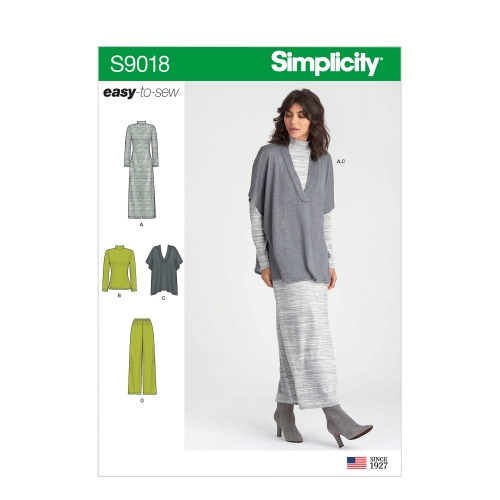 Naiste püksid, trikoo vest, kleit või topp suurused: A (XXS-XS-S-M-L-XL-XXL), Simplicity Pattern #S9018