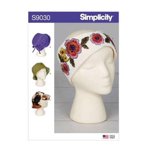 Naiste mütsid ja juuksepael kolmes mõõdus, suurused: A (S-M-L), Simplicity Pattern #S9030