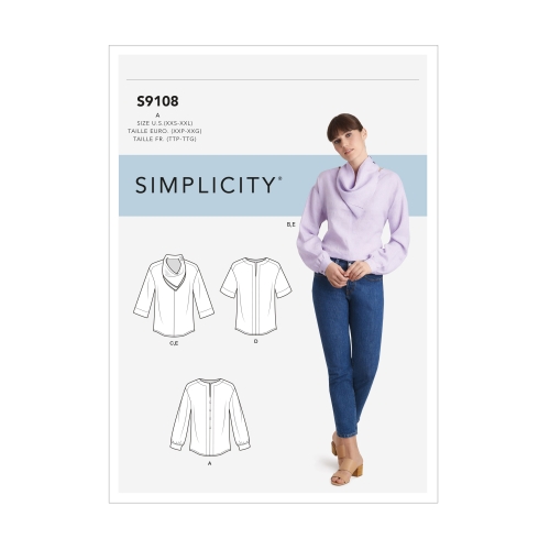 Naiste topid käise variatsioonidega ja seljasall, suurused: A (XXS-XS-S-M-L-XL-XXL), Simplicity Pattern #S9108