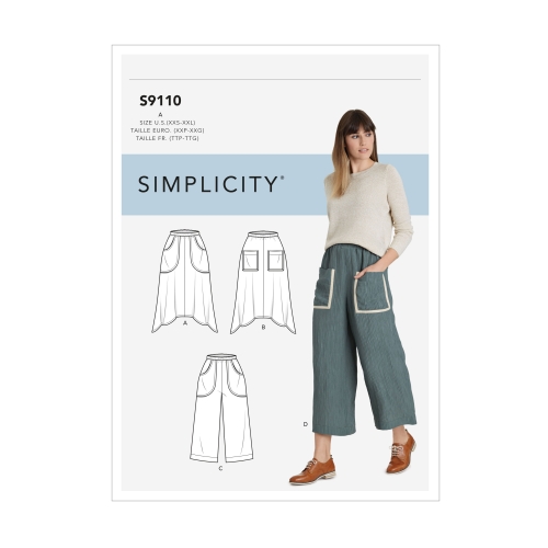 Naiste seelikud ja kärbitud püksid, suurused: A (XXS-XS-S-M-L-XL-XXL), Simplicity Pattern #S9110