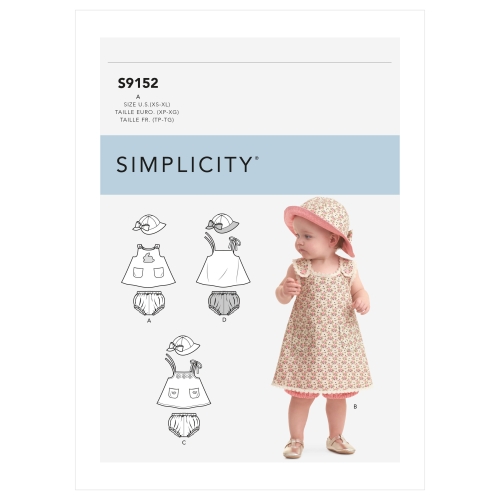 Väikelaste kleit, püksikud ja müts, suurused: A (XS-S-M-L-XL), Simplicity Pattern #S9152