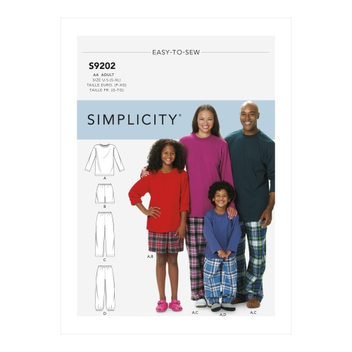 Naiste, meeste, laste, poiste ja tüdrukute T-särk ja püksid, Simplicity Sewing Pattern S9202AA