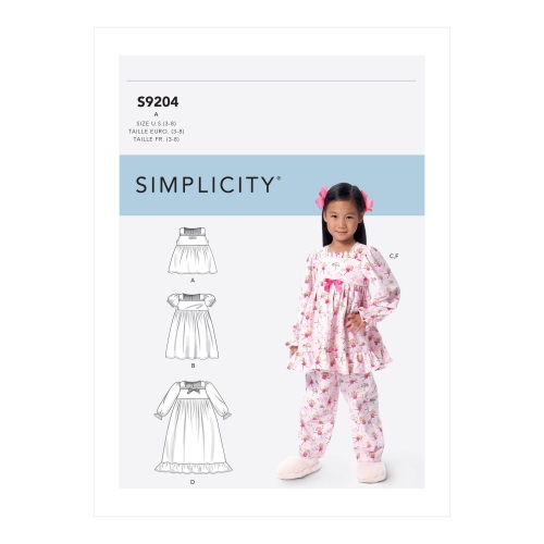 Lastele ja tüdrukutele: kroogitud topid, kleidid ja püksid, Simplicity Sewing Pattern S9204A, suurused: A (3-4-5-6-7-8)