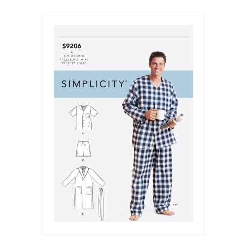 Meestele: vöö, hommikumantel, topid, lühikesed ja pikad püksid, Simplicity Sewing Pattern S9206A, suurused: A (XS-S-M-L-XL)