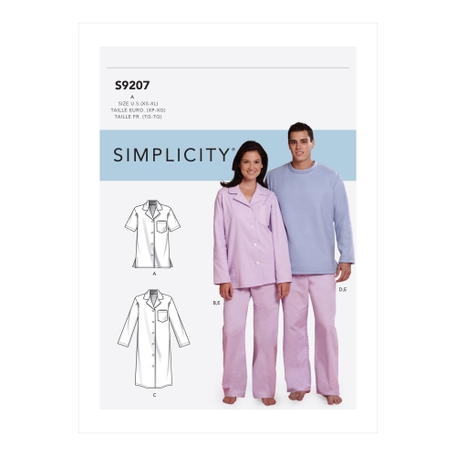 Meestele ja naistele: topid, öösärk, püksid ja riided koertele, Simplicity Sewing Pattern S9207A, suurused: A (XS-S-M-L-XL)