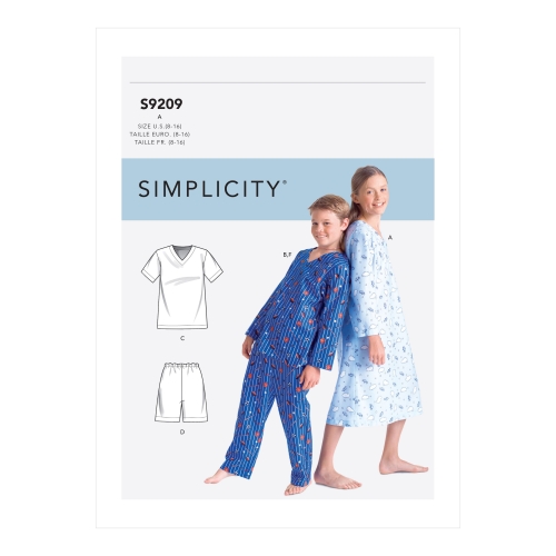 Poistele ja tüdrukutele: V-kaelusega särk, öösärk, lühikesed ja pikad püksid, Simplicity Sewing Pattern S9209A, suurused: A (8-10-12-14-16)