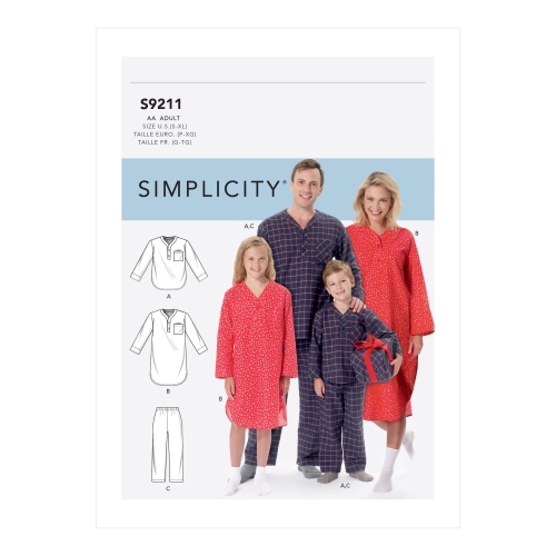 Naiste, meeste, poiste ja tüdrukute taskutega topp, öösärk ja püksid, Simplicity Sewing Pattern S9211AA