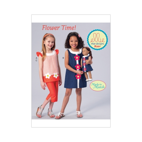 Tüdrukute kleit, Topp ja capri püksid ja kleit 46 cm nukule, Kwik Sew K0221