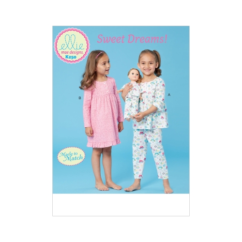 Tüdrukute topp, kleit, püksid ja 46 cm nuku riided, Kwik Sew K0250