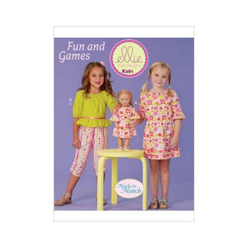 Tüdrukute kleit, topp, capri püksid ja 46 cm nuku kleit, Kwik Sew K0261