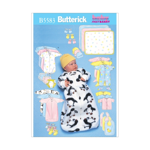 Beebide leluvöö, pükskostüüm, särk, mähkmepüksid, alustekk, müts, pudipõll, labakud ja papud, Butterick B5583