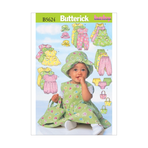 Beebide kleit, džemper, bodi, pükskostüüm, sipukad, müts ja kott, Butterick B5624