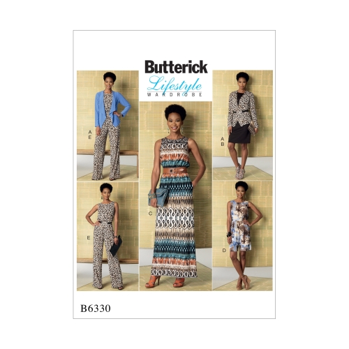 Naiste jakk, kummiga kleit, bodi ja pükskostüüm, Butterick B6330