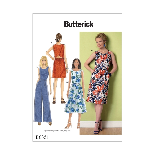 Naiste seljalt avatav topp, kleidid ja pükskostüüm, Butterick B6351