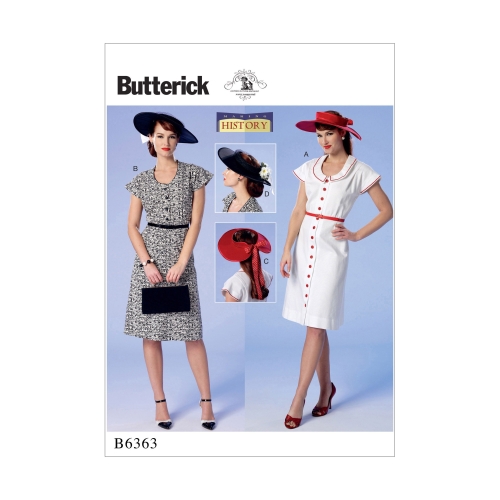 Naiste eestnööbitavad, klošškäiselised kleidid ja müts, Butterick B6363