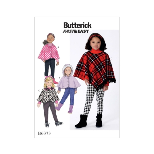 Ompelukaavat: Children's, sizes: Girls' Capes and Poncho with Hood, Collar or Fringe Trim, Butterick B6373