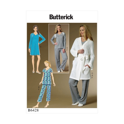 Naiste hommikumantel, raglaanõlgadega topid ja kleit, ja püksid, Butterick B6428