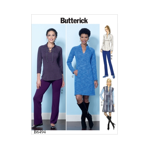 Naiste trikoo raglaanõlgadega topid ja kleit, vest, ja püksid, Butterick B6494