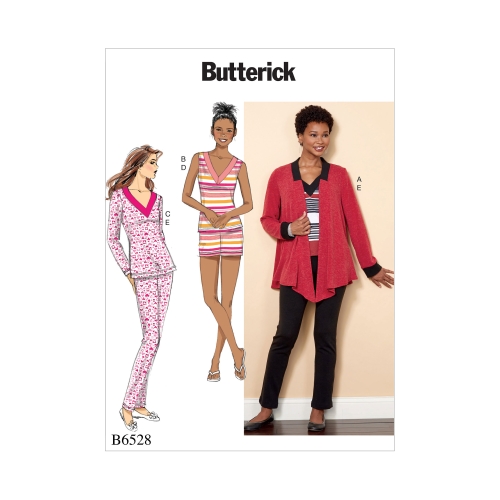 Naiste trikoojakk, topp, lühikesed püksid ja püksid, Butterick B6528