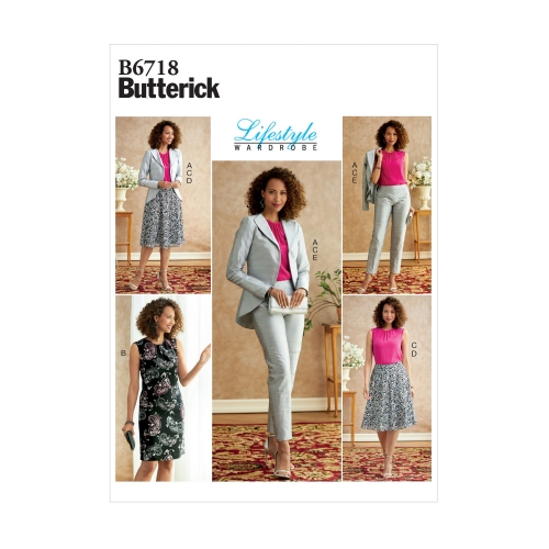 Naiste jakk, kleit, topp, seelik, ja püksid, Butterick B6718