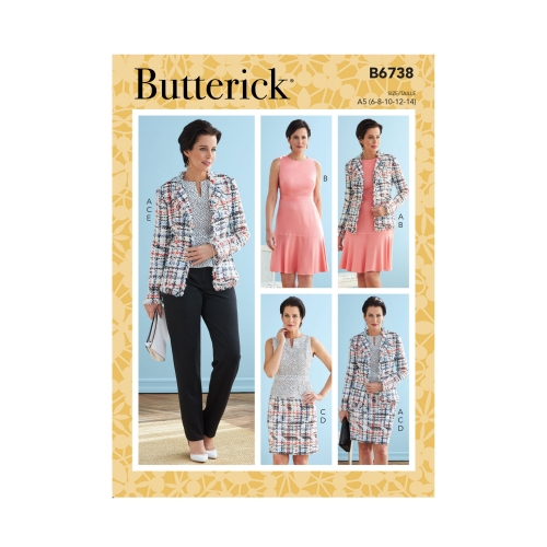 Naiste jakk, kleit, topp, seelik ja püksid, Butterick B6738