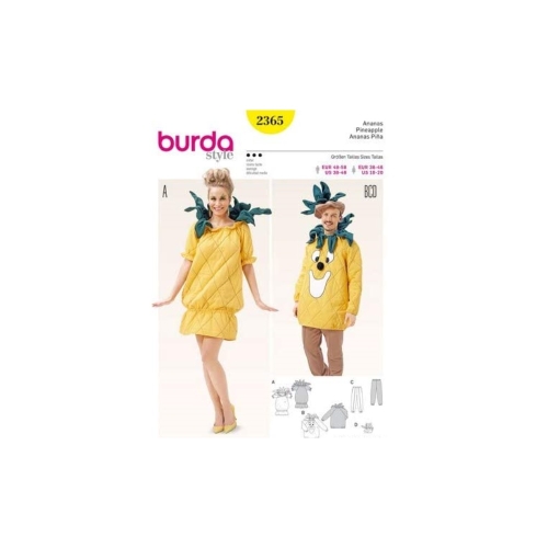 Ananassi kostüüm meestele nr 48-58, naistele nr 36-48. Burda 2365