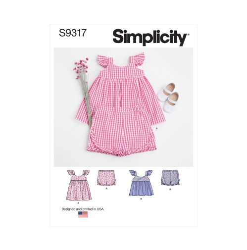 Simplicity lõiked S9317 Kleit, topp ja püksid beebidele, A (XXS-XS-S-M)