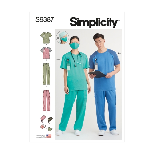Simplicity lõiked S9387 Unisex trikoo-töötopid, -püksid, müts ja mask, A (XS-S-M-L-XL-XXL) 