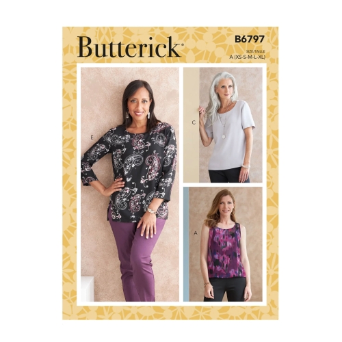 Lõiked: Naiste ja väikesekasvuliste naiste avara kaelusega topid, A (XS-S-M-L-XL), Butterick, B6797A