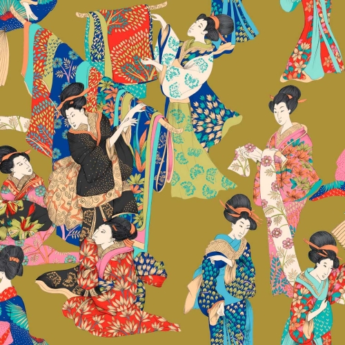 Puuvillane dekoratiivkangas prinditud mustriga, KIMONO fond or - OEKO-TEX, 2441602, Thevenon