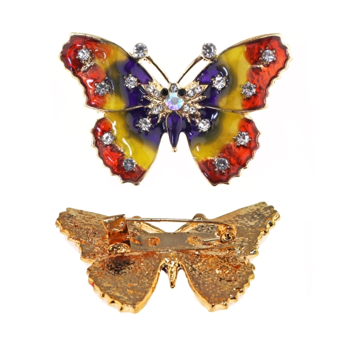 Glazed metal brooch with rhinestones, Butterfly 45 x 30 mm