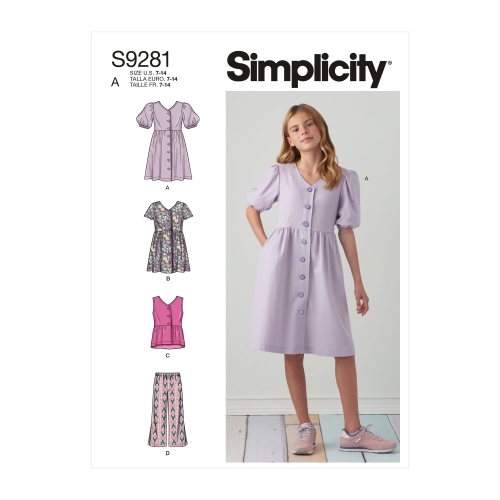 Simplicity lõikekomplekt S9281 GIRLS' DRESS, TOP, PANTS, SS9281A, Suurused: A (7-8-10-12-14)